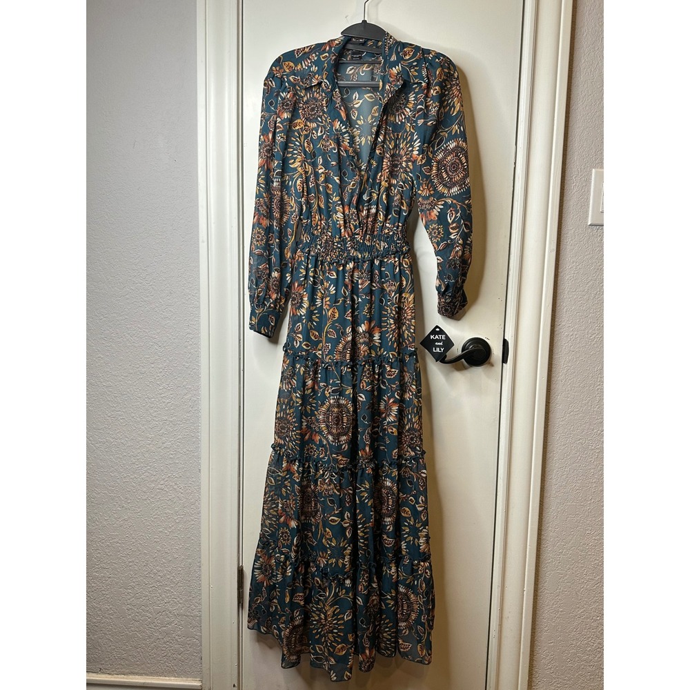 Kate and Lily Teal Floral Tiered Maxi Dress Long Sleeve Smocked Waist Size 4